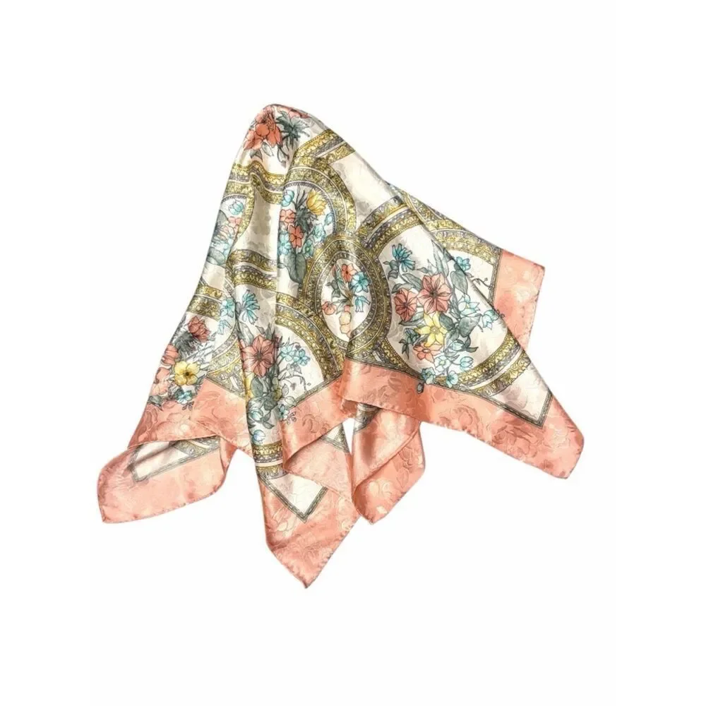 Silk Jacquard Square Scarf White Peach Floral Medallion Print Hand Rolled 29x29